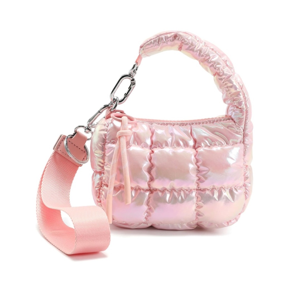 NWT Iridescent Micro Mini Puffer Quilted Wristlet Bag Charm Light Pink